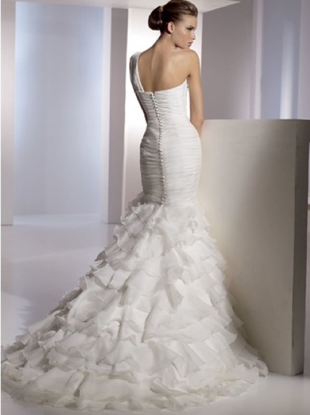 One-Shoulder White Ruffled Mermaid Wedding Gown (Circa 2010!)